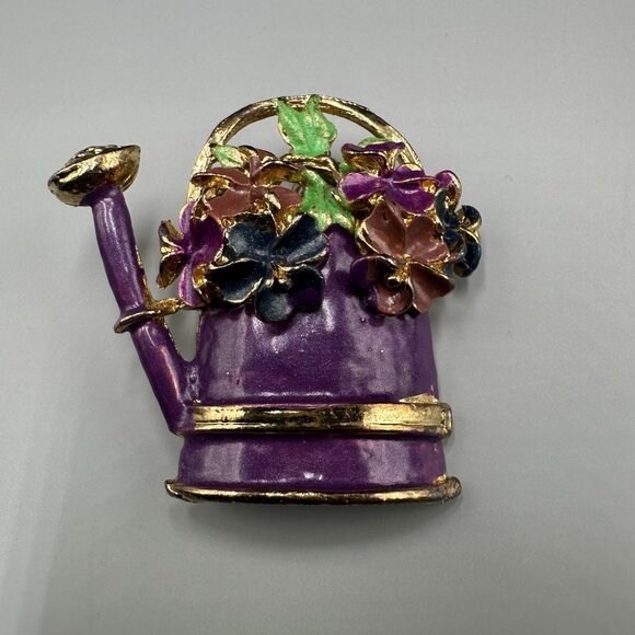3/$30 Floral Watering Can Brooch Purple Enamel Gold Tone Flower Basket Pin - Picture 2 of 9